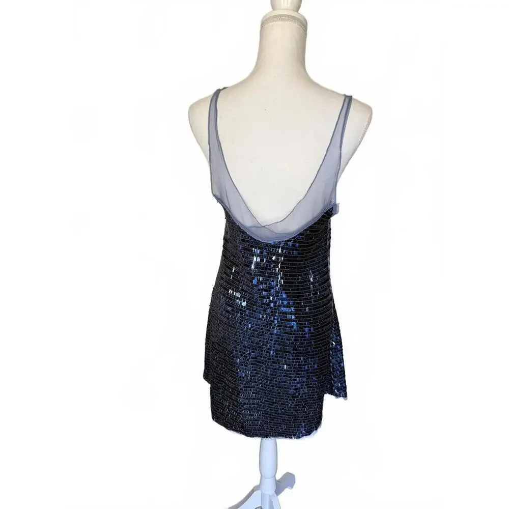 Free People Blue Sequin Party Dress with Sheer Mesh Detail, Small